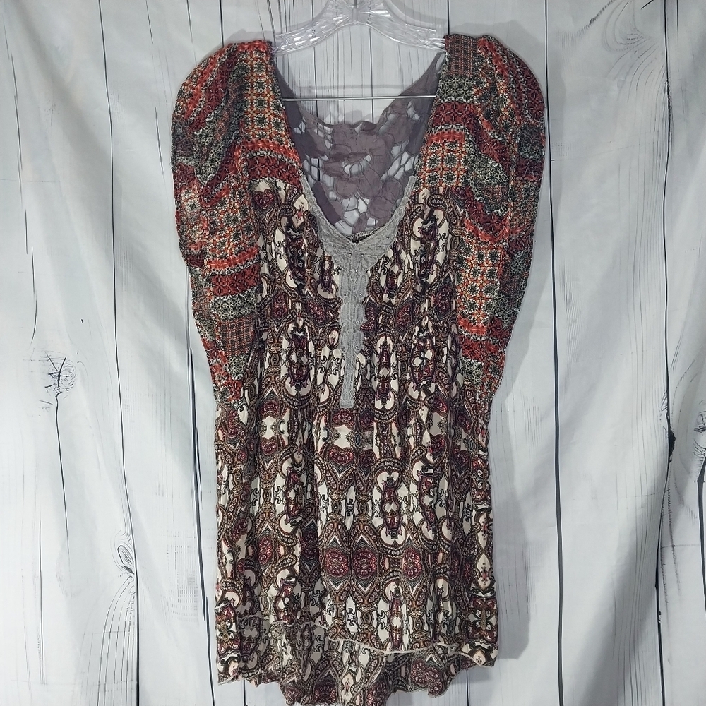 Boho Mixed Print Tunic Peasant Top With Lace Detail